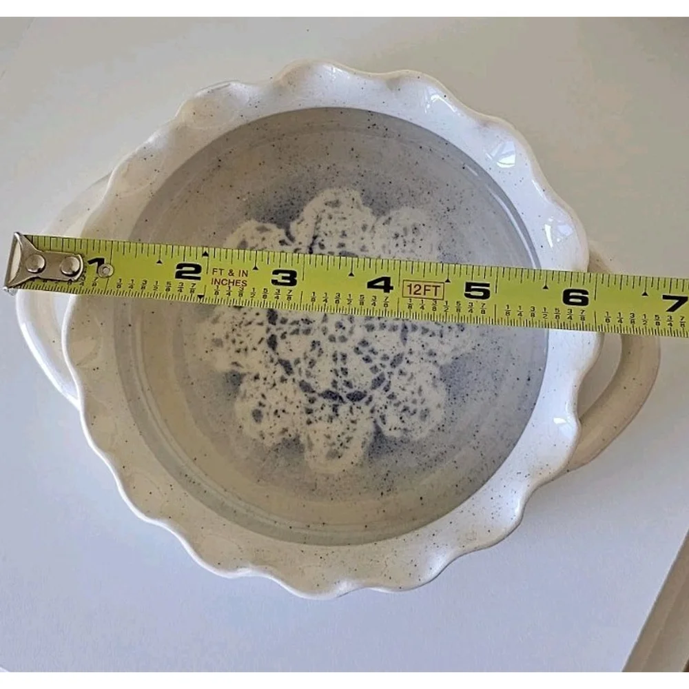 Ruffle Edge Artisan Ceramic Dish With Doily Impression Blue and White Design
